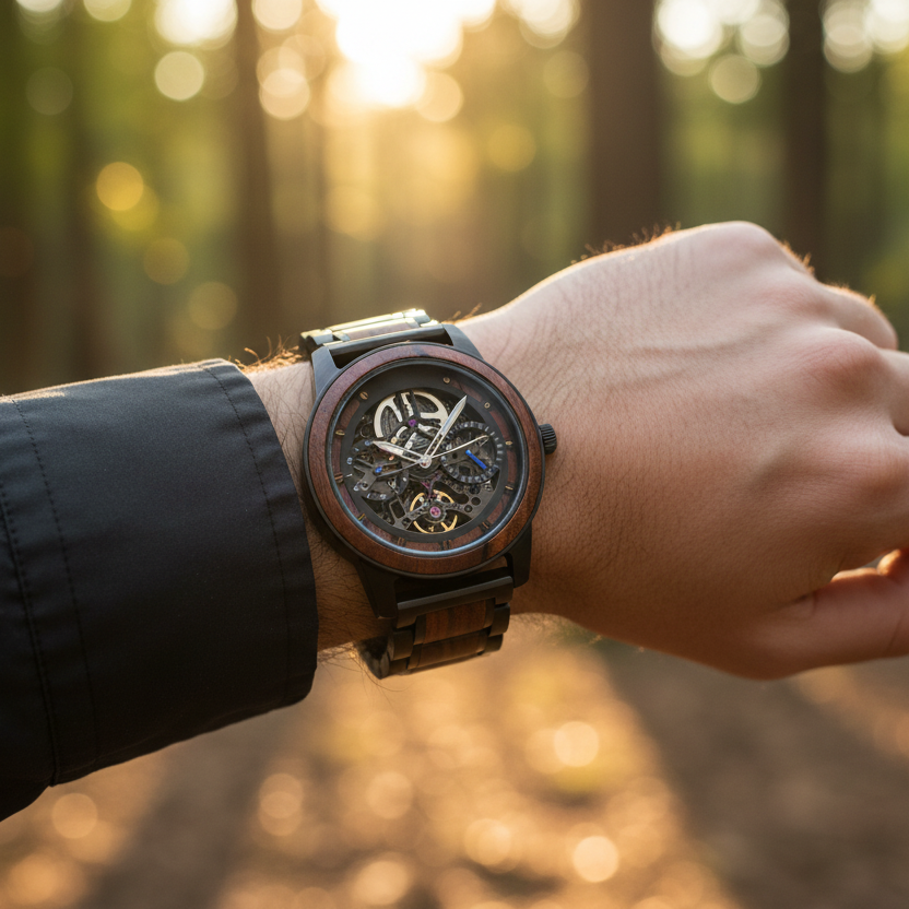 Rosewood Black Metal Skeleton Watch Wrist Lifestyle Shot