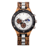 A multifunction watch with a combination of wooden and silver metal bracelet, featuring a silver dial with brown chronograph sub-dials, moon phase display, water-resistant label, and date window, presented against a white background.