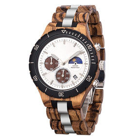 A multifunction watch with a combination of wooden and silver metal bracelet, featuring a silver dial with brown chronograph sub-dials, moon phase display, water-resistant label, and date window, shown from a side angle against a white background.