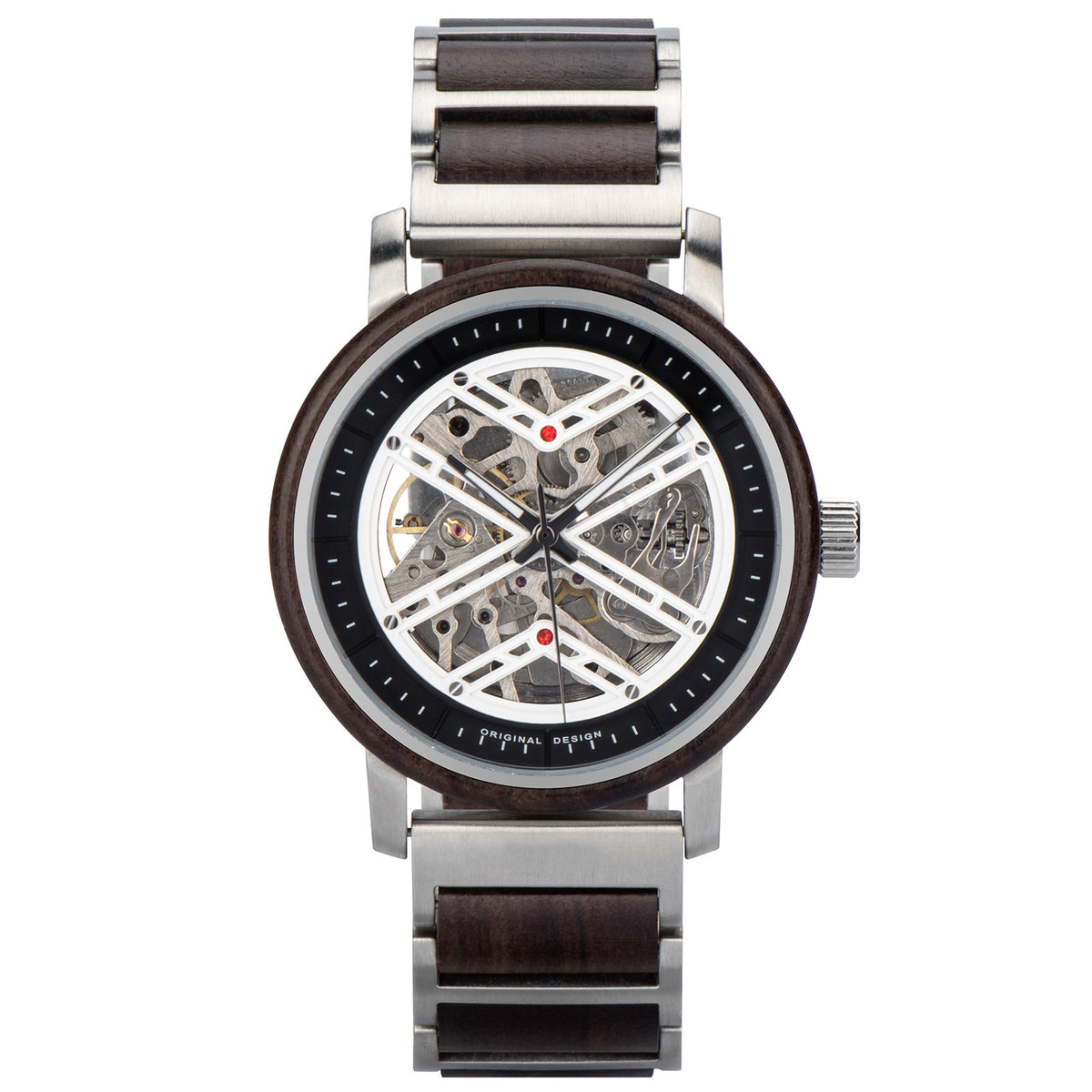 A skeleton mechanical watch with a combination of wooden and metal bracelet, featuring an open-work dial showcasing intricate movement, dark wooden bezel, and sleek metal accents.
