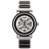 A skeleton mechanical watch with a combination of wooden and metal bracelet, featuring an open-work dial showcasing intricate movement, dark wooden bezel, and sleek metal accents.