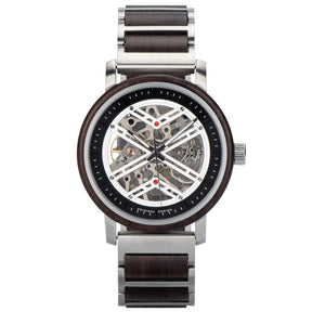 A skeleton mechanical watch with a combination of wooden and metal bracelet, featuring an open-work dial showcasing intricate movement, dark wooden bezel, and sleek metal accents.