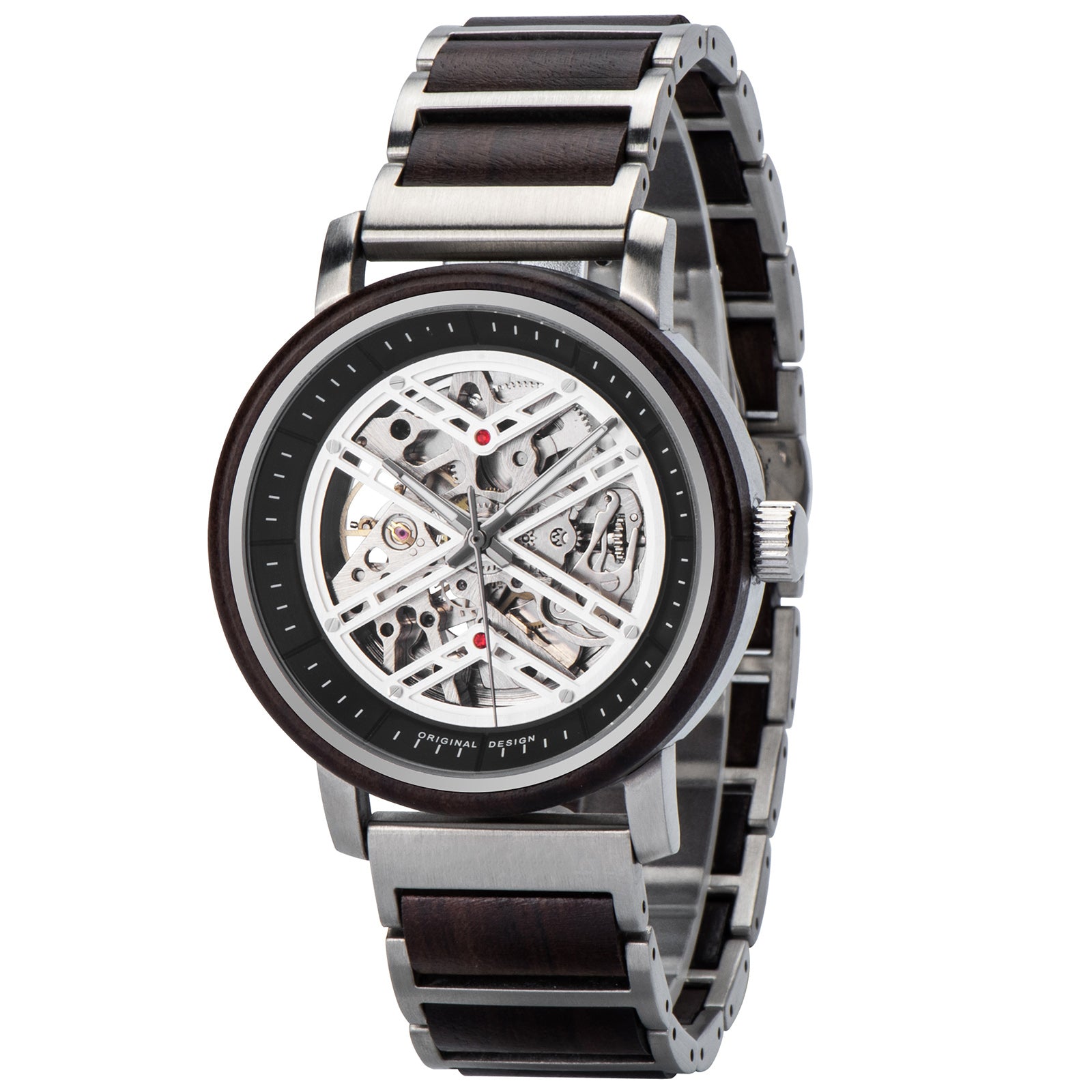 A skeleton mechanical watch with a mixed wooden and metal bracelet, displayed in a side angle, featuring an open-work dial with intricate movement, dark wooden bezel, and stainless steel accents.