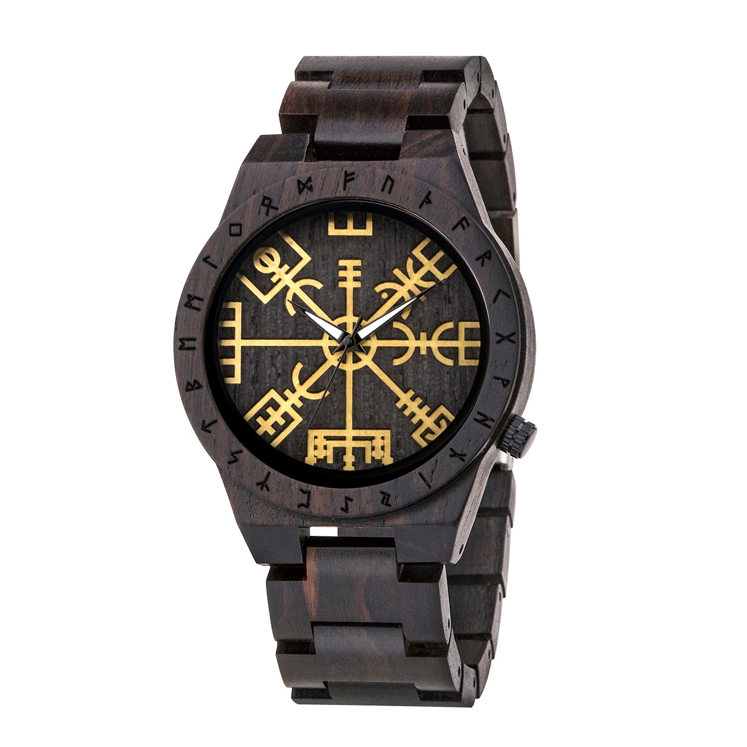 A side view of a dark wooden wristwatch with golden Viking symbols and runes on the dial, displayed against a plain white background.