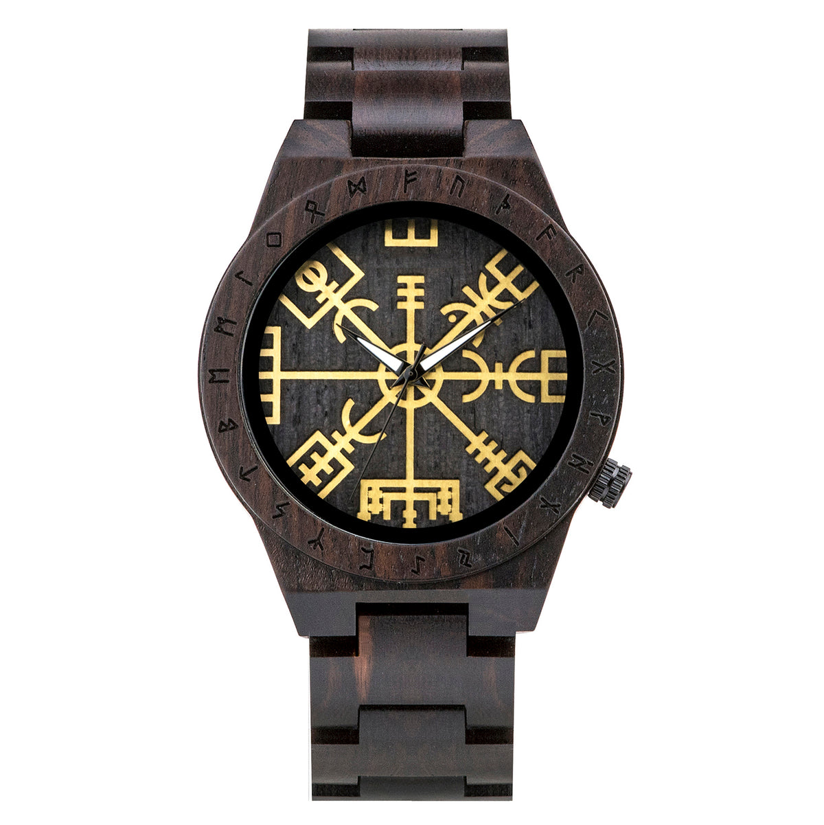 A dark wooden wristwatch with golden Viking symbols and runes on the dial, displayed against a plain white background.