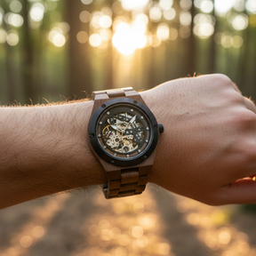 Walnut Skeleton Watch Wrist Lifestyle Shot