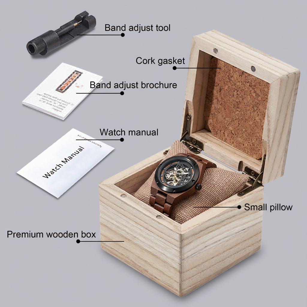Walnut Wood Skeleton Watch on Pillow in Wooden Gift Box