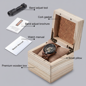Walnut Wood Skeleton Watch on Pillow in Wooden Gift Box