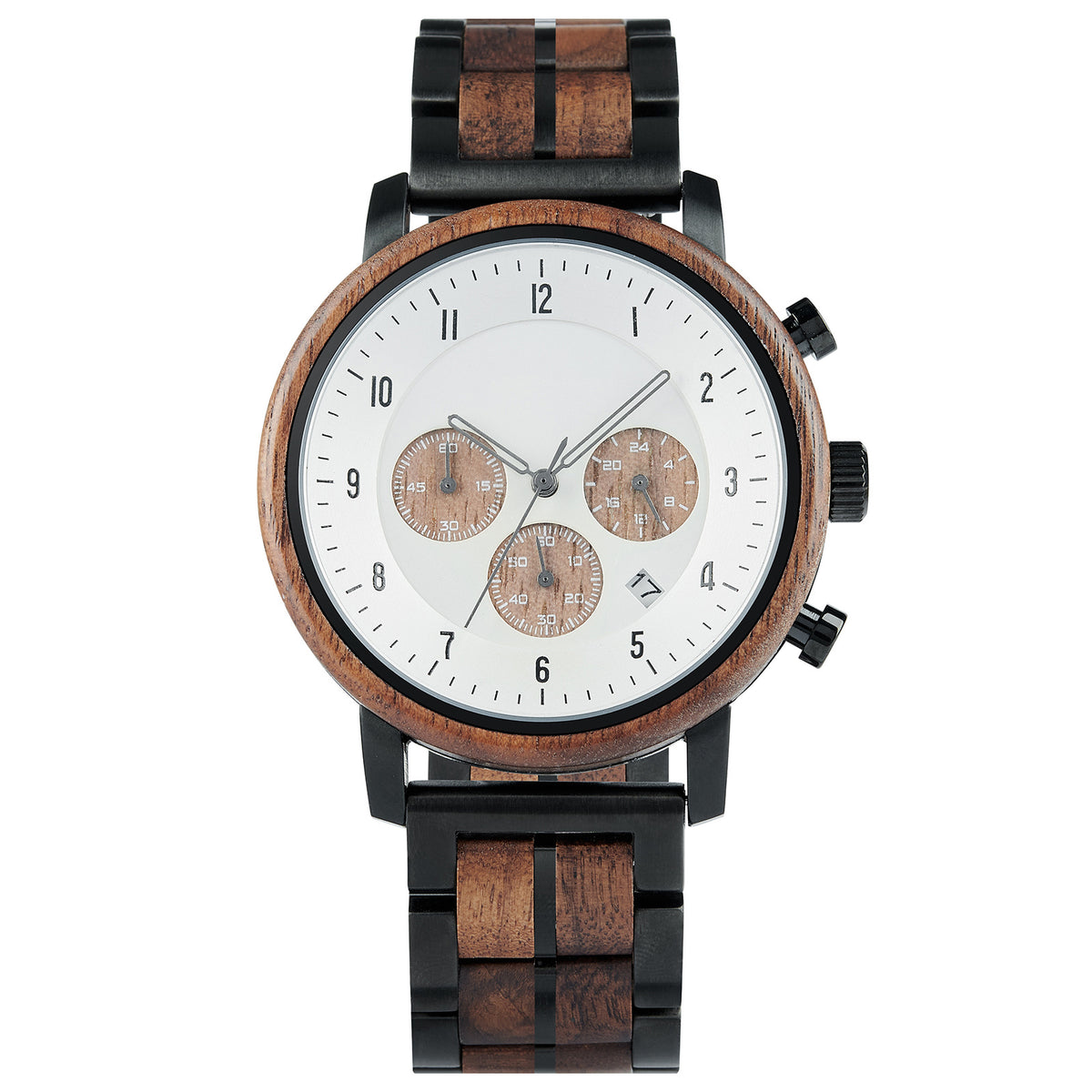 A chronograph watch with a combination of wooden and black metal bracelet, featuring a white dial with brown chronograph sub-dials, numerical hour markers, and a date window, presented against a white background.