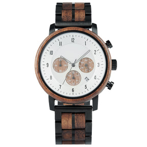 A chronograph watch with a combination of wooden and black metal bracelet, featuring a white dial with brown chronograph sub-dials, numerical hour markers, and a date window, presented against a white background.