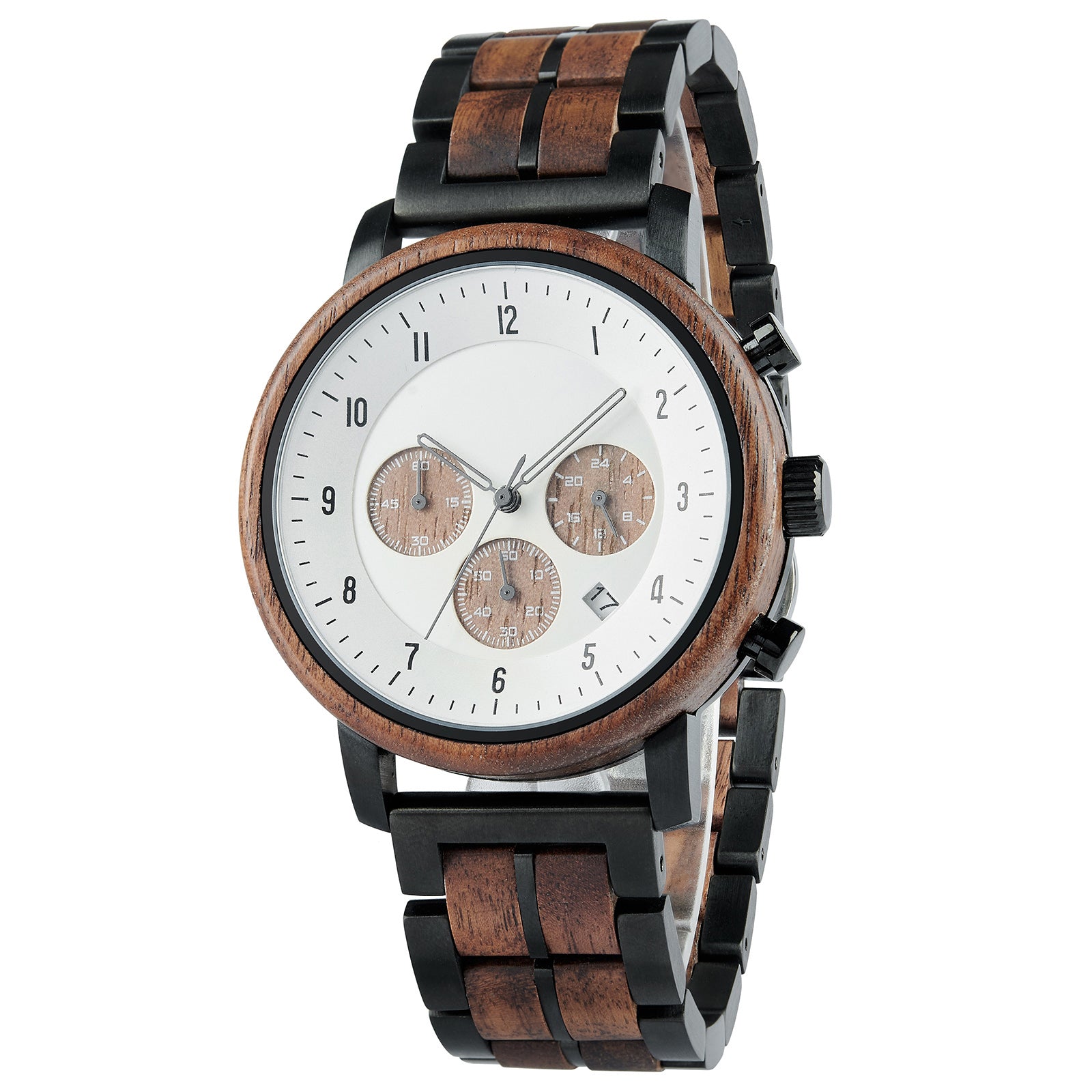 A chronograph watch with a combination of wooden and black metal bracelet, featuring a white dial with brown chronograph sub-dials, numerical hour markers, and a date window, shown from a side angle against a white background.