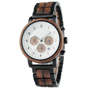 A chronograph watch with a combination of wooden and black metal bracelet, featuring a white dial with brown chronograph sub-dials, numerical hour markers, and a date window, shown from a side angle against a white background.