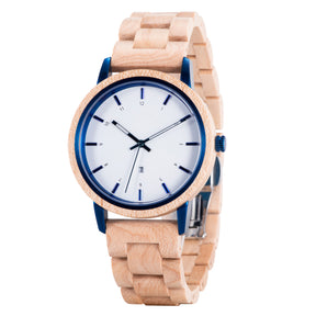 A side view of a stylish wooden wristwatch with a white dial, blue accents, and a natural wood band, displayed against a plain white background.
