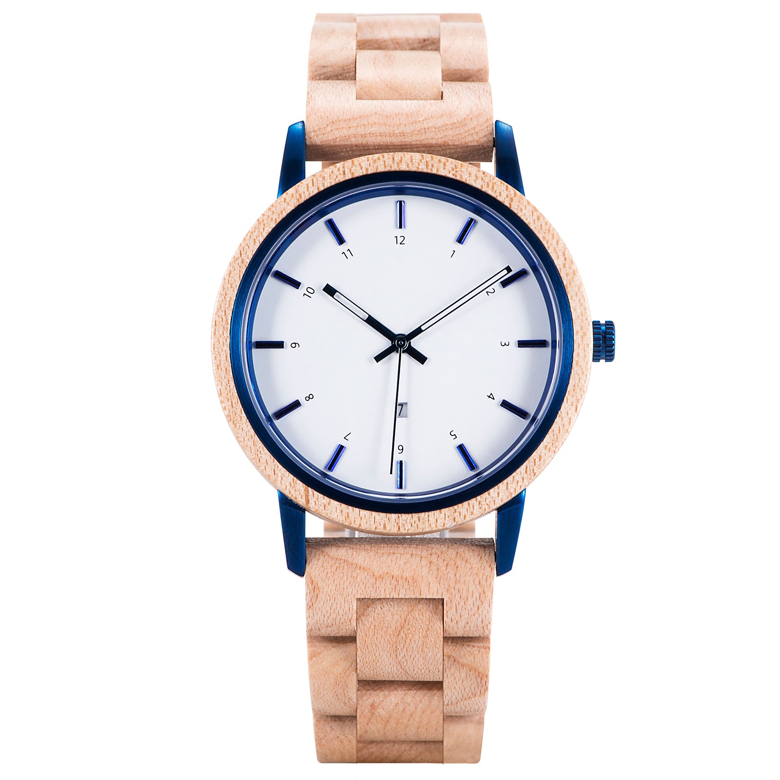 A stylish wooden wristwatch featuring a white dial, blue accents, and a natural wood band, displayed against a plain white background.