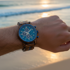 Zebrawood Blue Bezel Chronograph Watch Ocean Lifestyle Shot