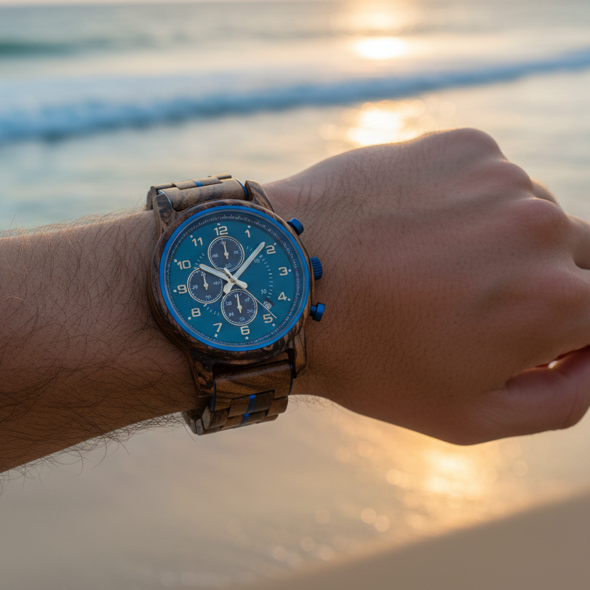 Zebrawood Blue Bezel Chronograph Watch Ocean Lifestyle Shot