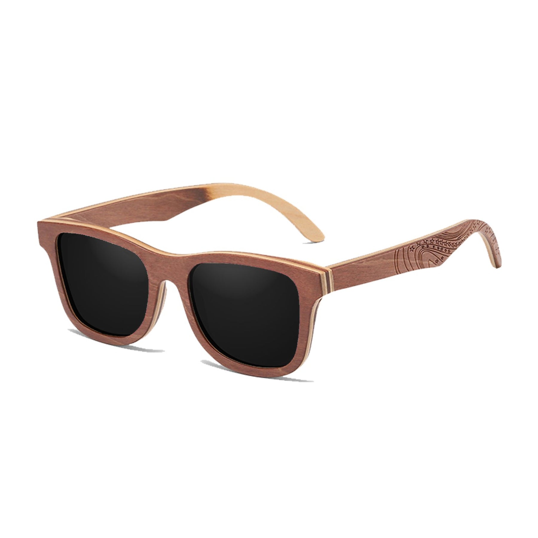 Black lens engraved arms walnut sunglasses side face