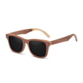 Black lens engraved arms walnut sunglasses side face