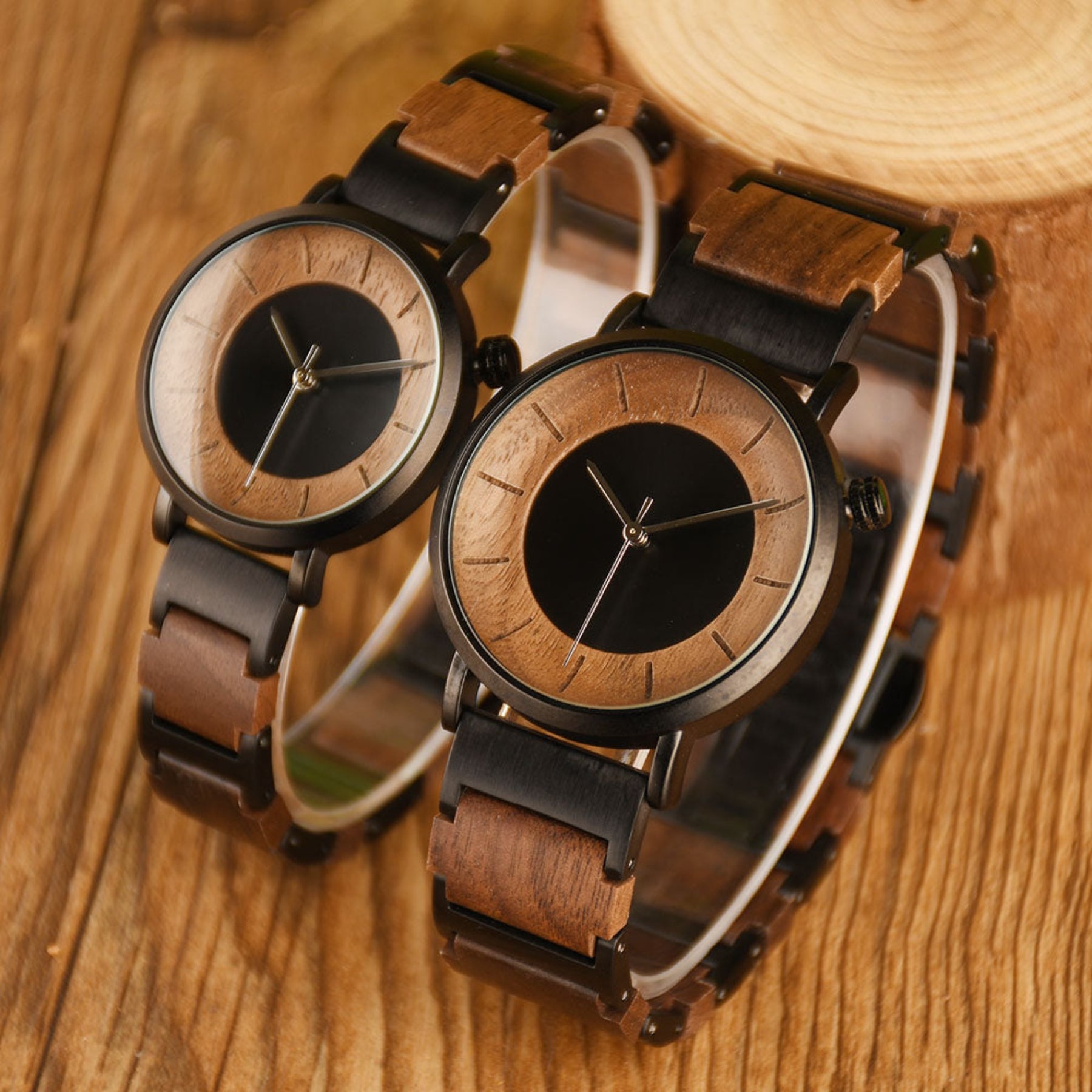 Black steel and walnut simple watches for couples