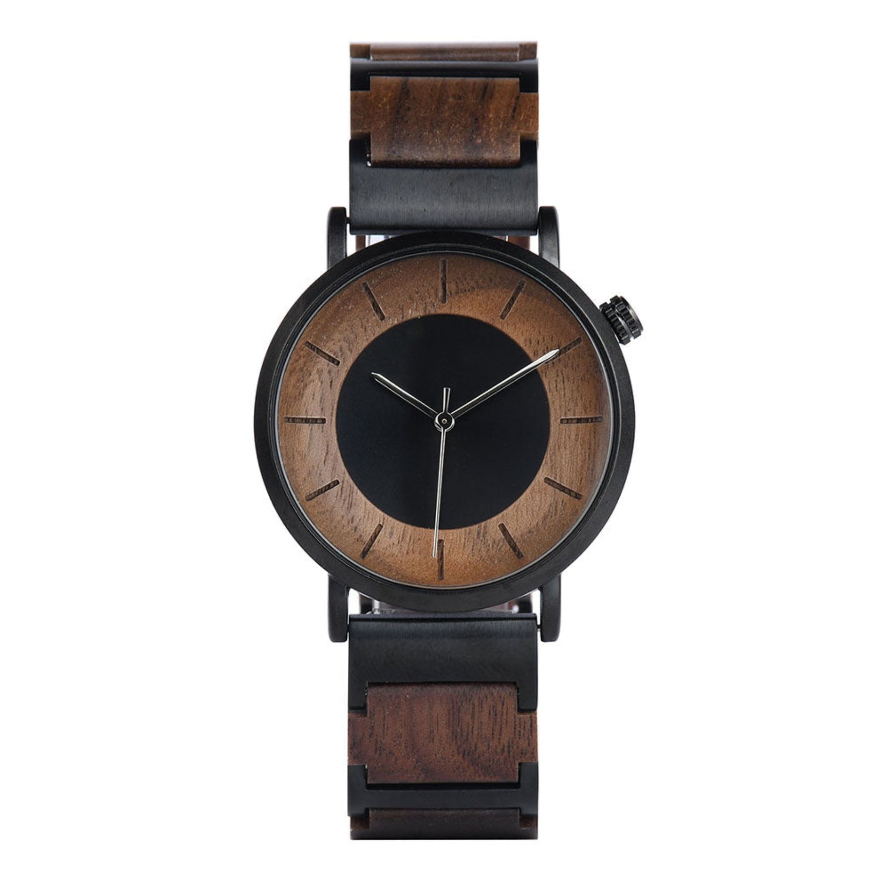 Black steel and walnut minimalist men quartz watch positive
