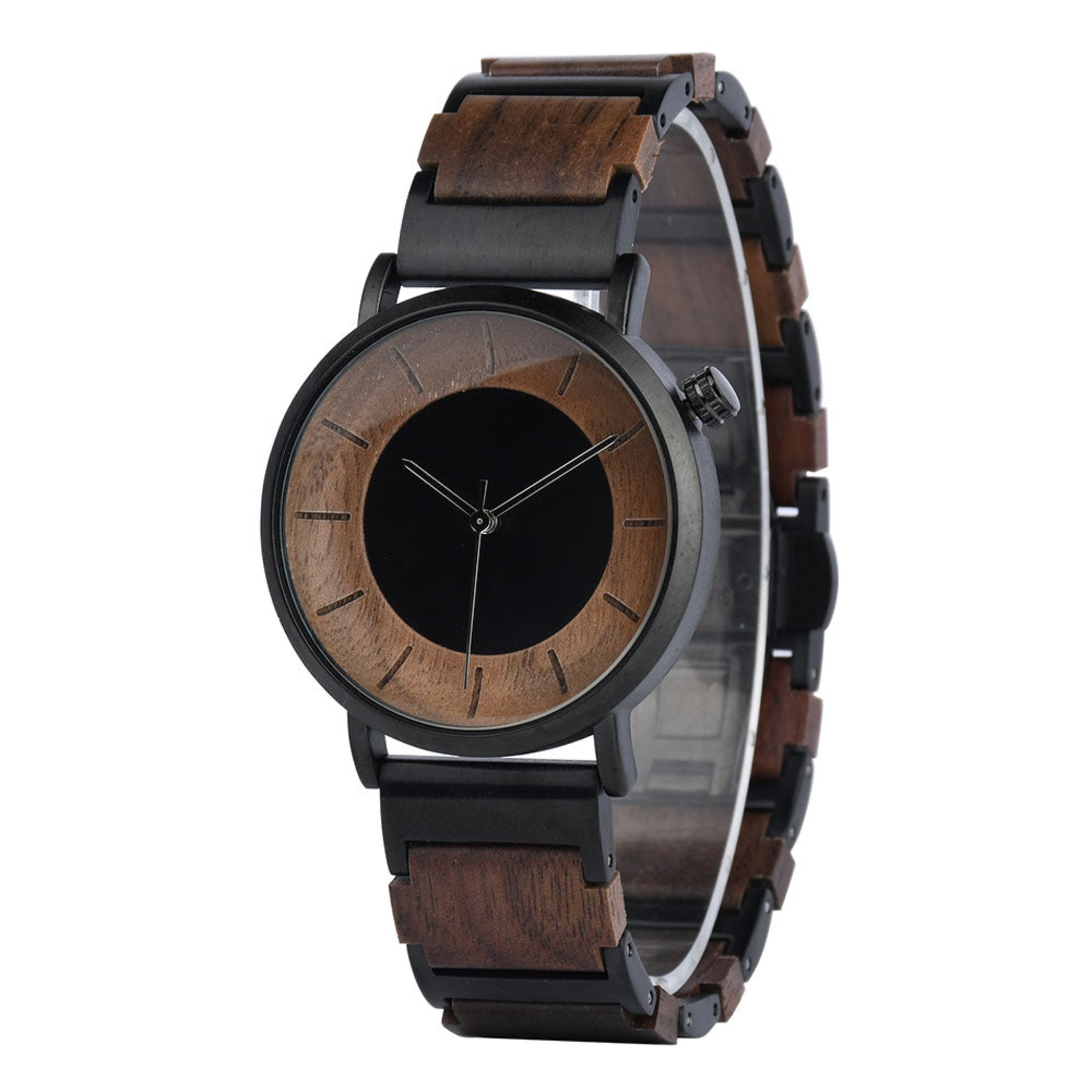 Black steel and walnut simple men quartz watch
