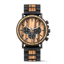 Black metal and zebrawood men watch with zebrawood face positive