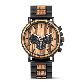Black metal and zebrawood men watch with zebrawood face positive