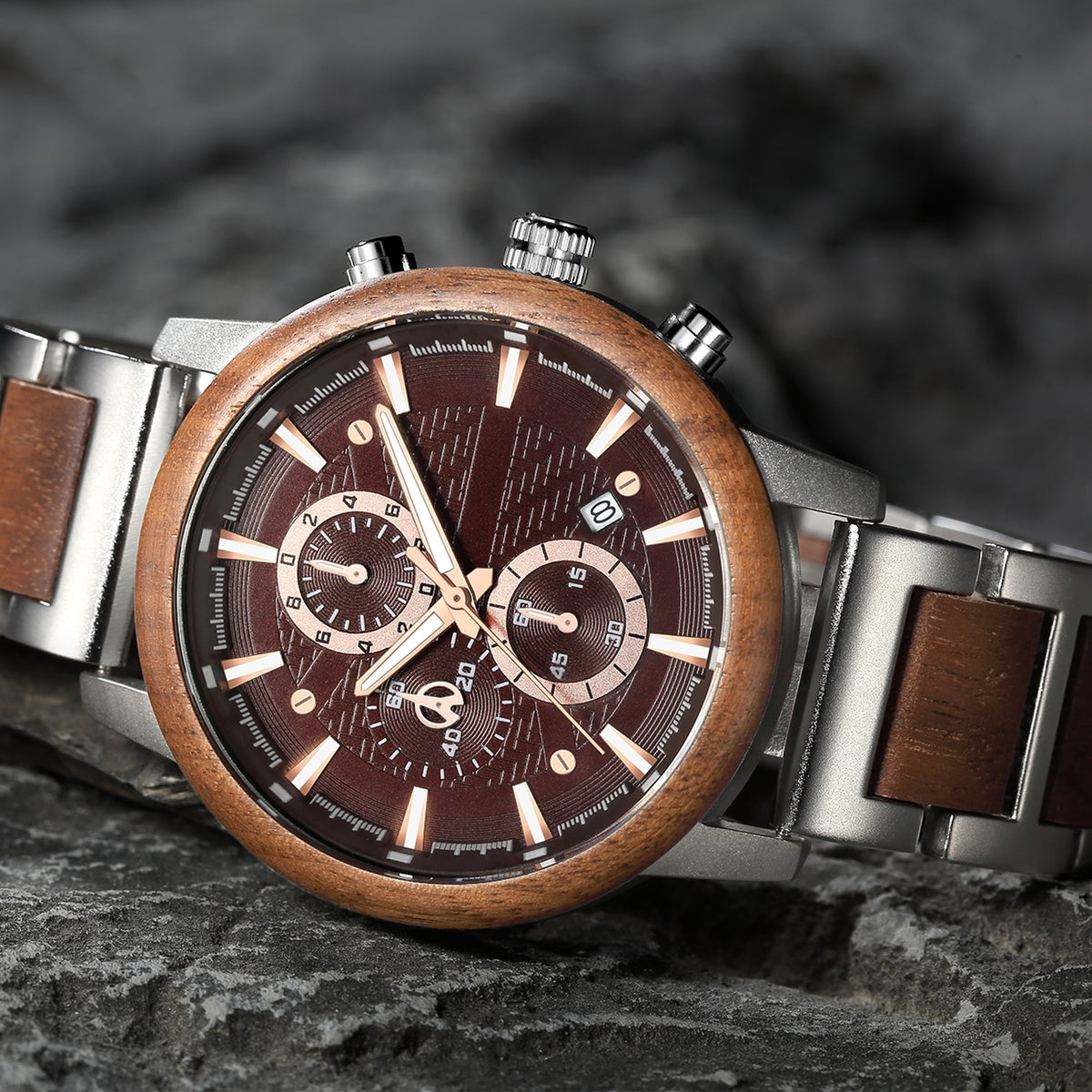 wood watch men wooden watch chronograph walnut lying on the rock
