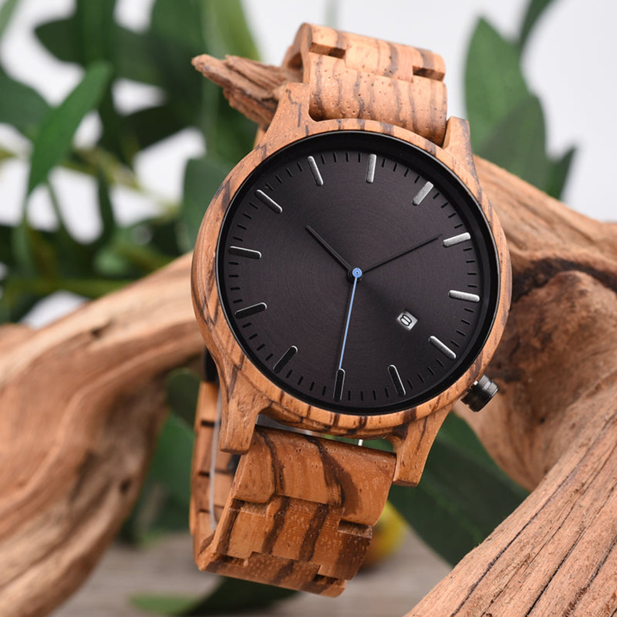 The zebrawood men wooden watch with black face hanging on the branch