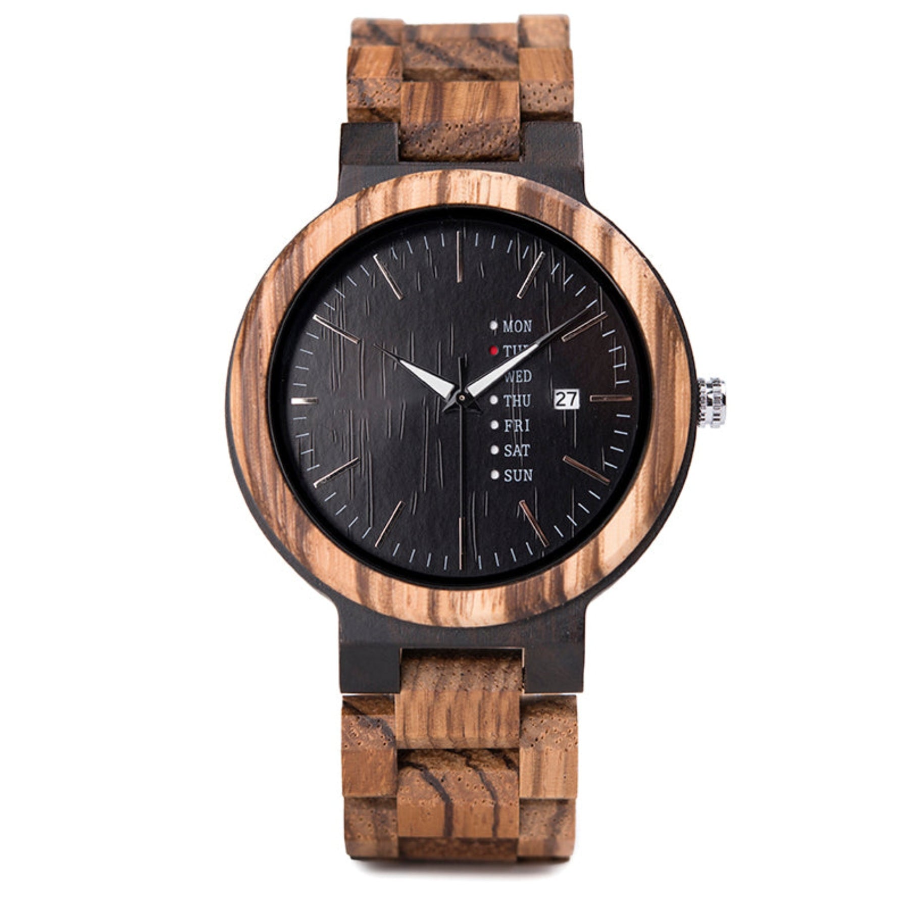 Ebony and zebrawood strap men wooden watch with black face positive