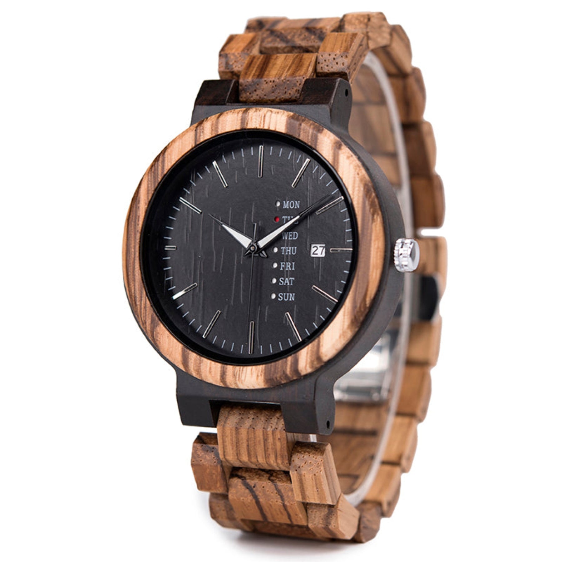 Ebony and zebrawood strap men wood watch with black face