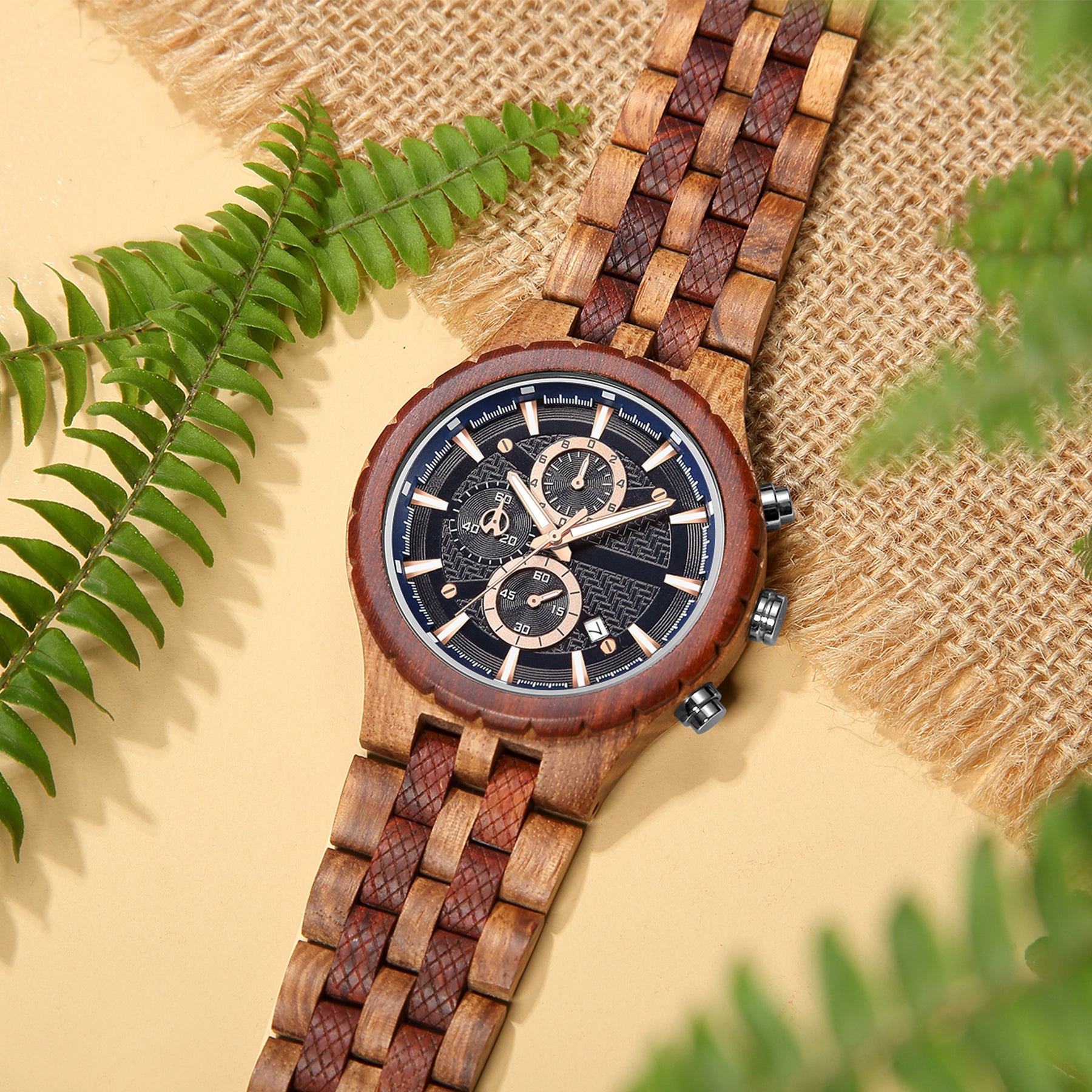 wood watch men wooden watch chronograph zebrawood red sandalwood lying on table
