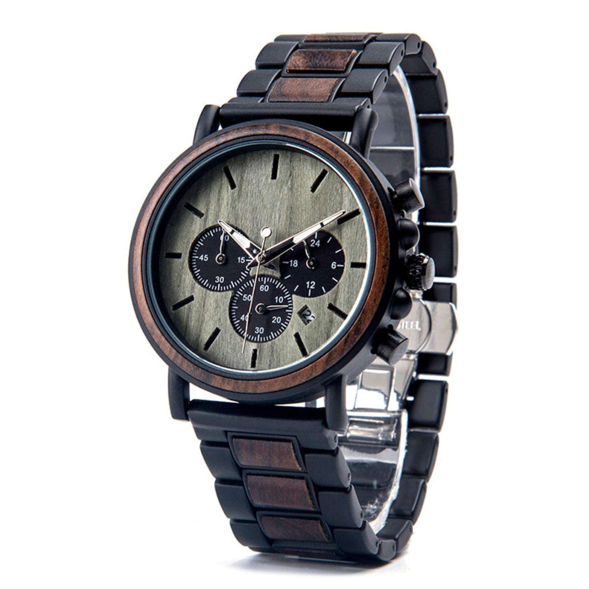 Black metal and ebony men wooden watch with green face