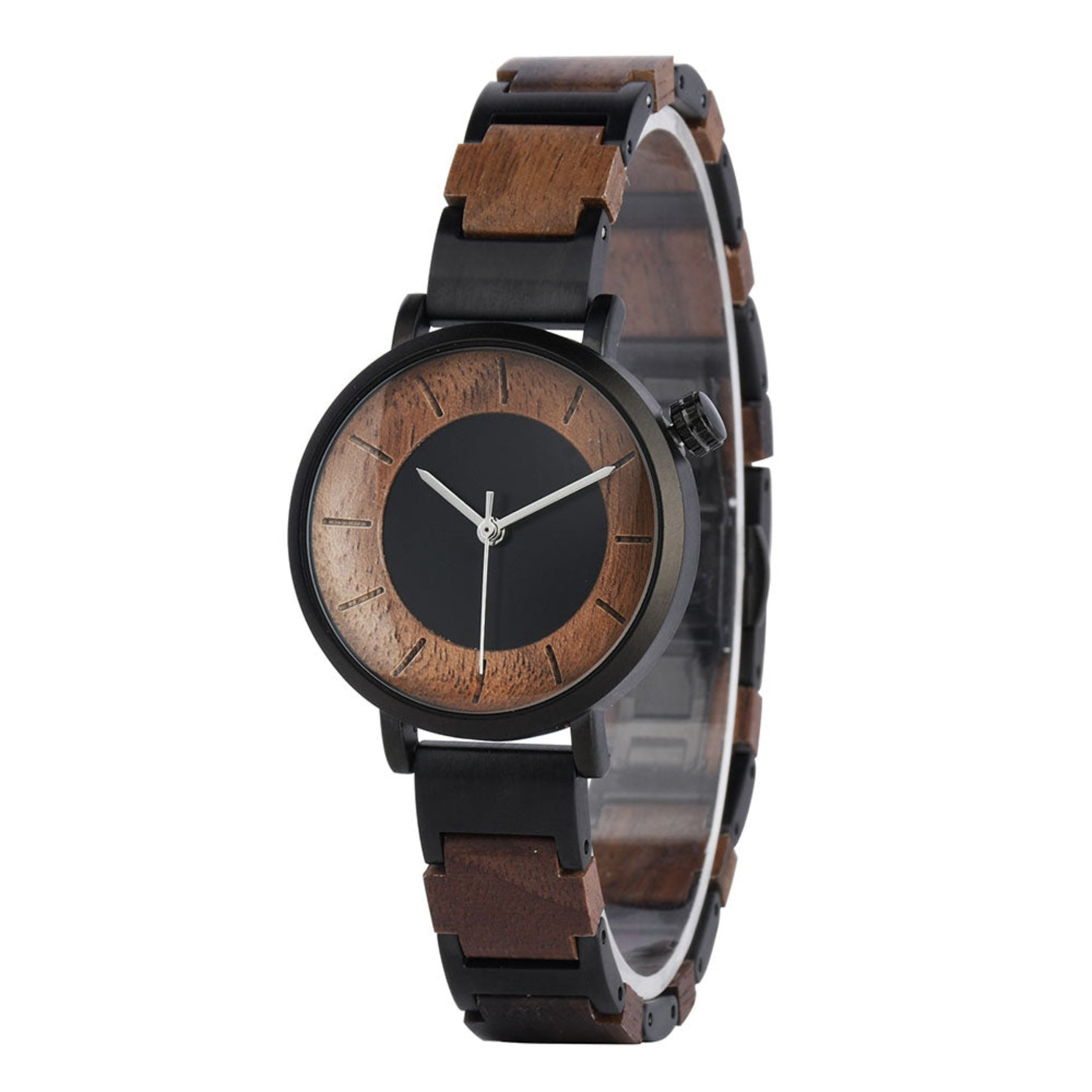 Black steel and walnut minimalist quartz watch for women